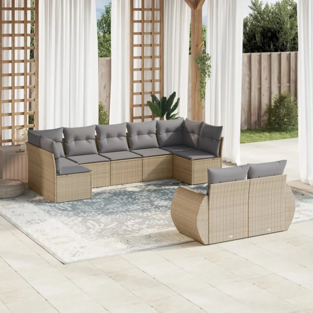 9-delige Loungeset met kussens poly rattan beige vidaXL