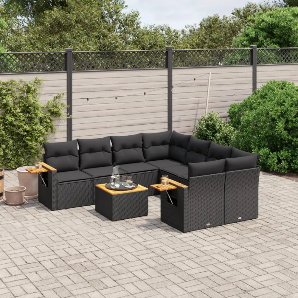 9-delige Loungeset met kussens poly rattan zwart vidaXL