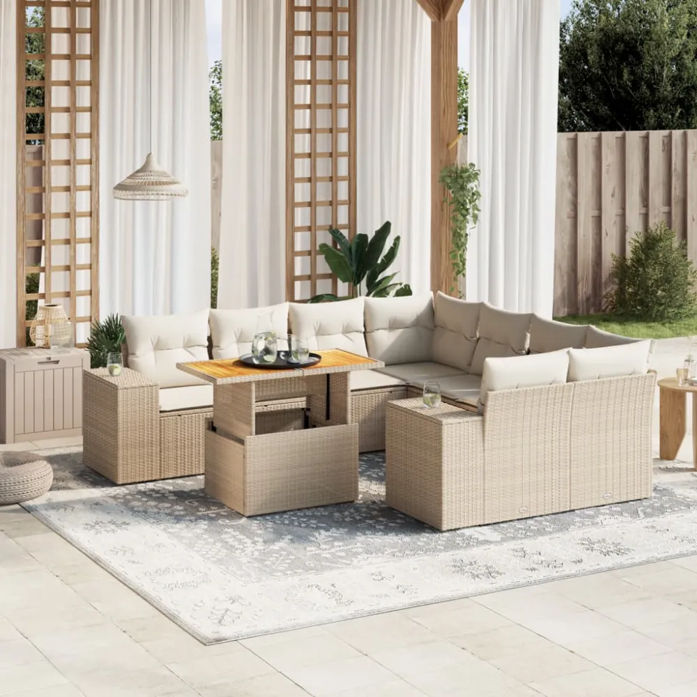 9-delige Loungeset met kussens poly rattan beige vidaXL