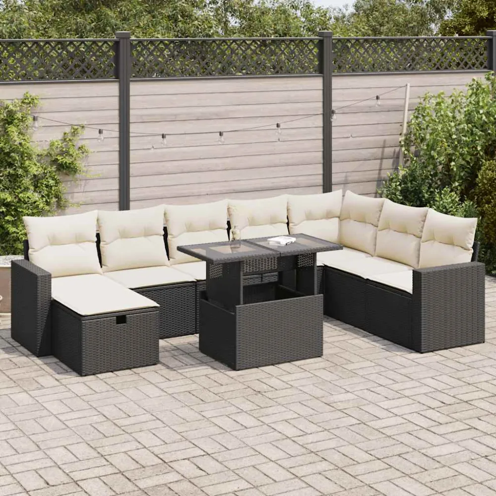 9-delige Loungeset met kussens poly rattan zwart vidaXL