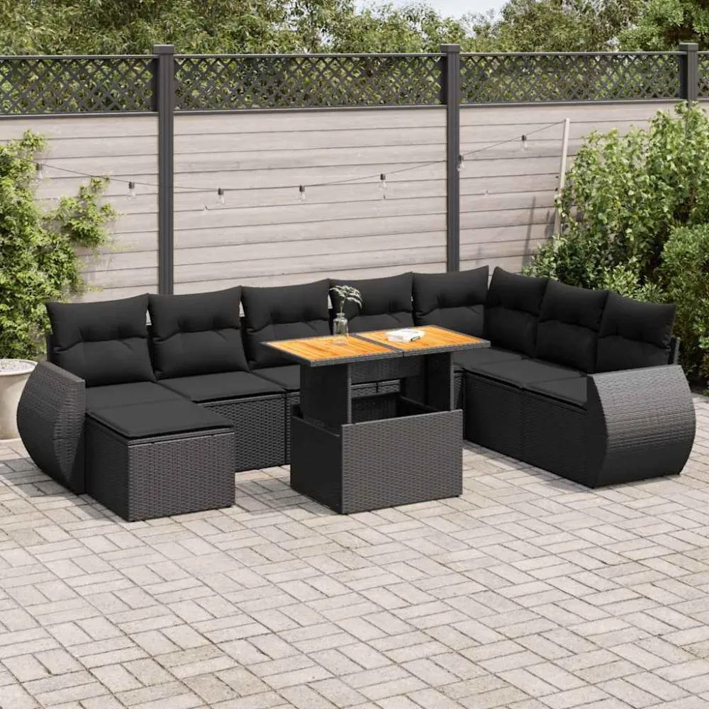 9-delige Loungeset met kussens poly rattan zwart vidaXL
