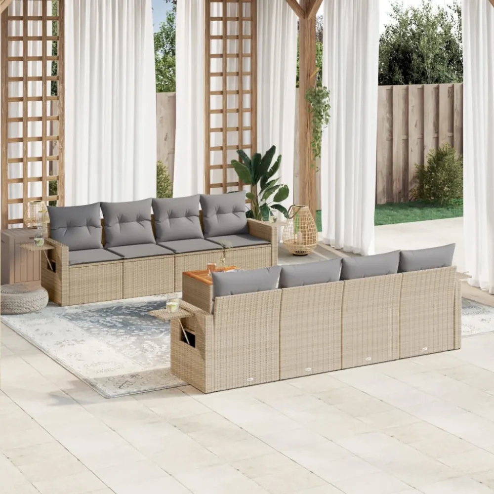 9-delige Loungeset met kussens poly rattan beige vidaXL