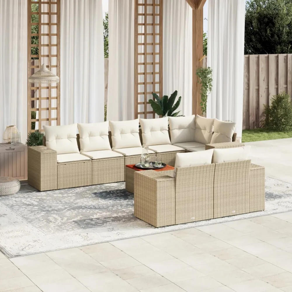 9-delige Loungeset met kussens poly rattan beige vidaXL
