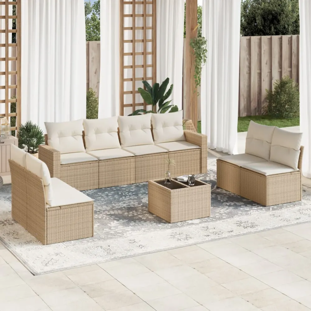 9-delige Loungeset met kussens poly rattan beige vidaXL