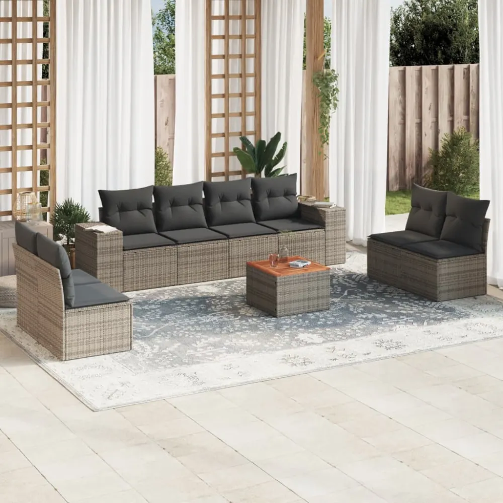 9-delige Loungeset met kussens poly rattan grijs vidaXL