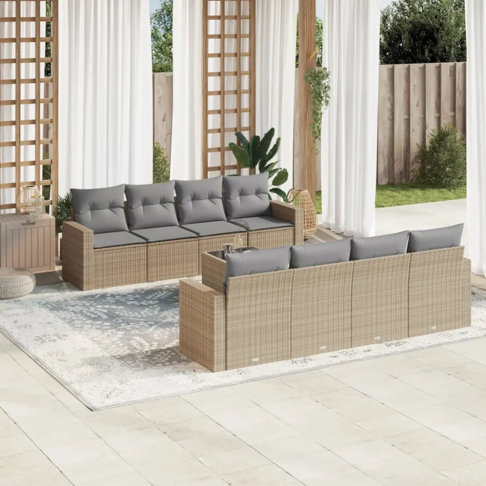 9-delige Loungeset met kussens poly rattan beige vidaXL