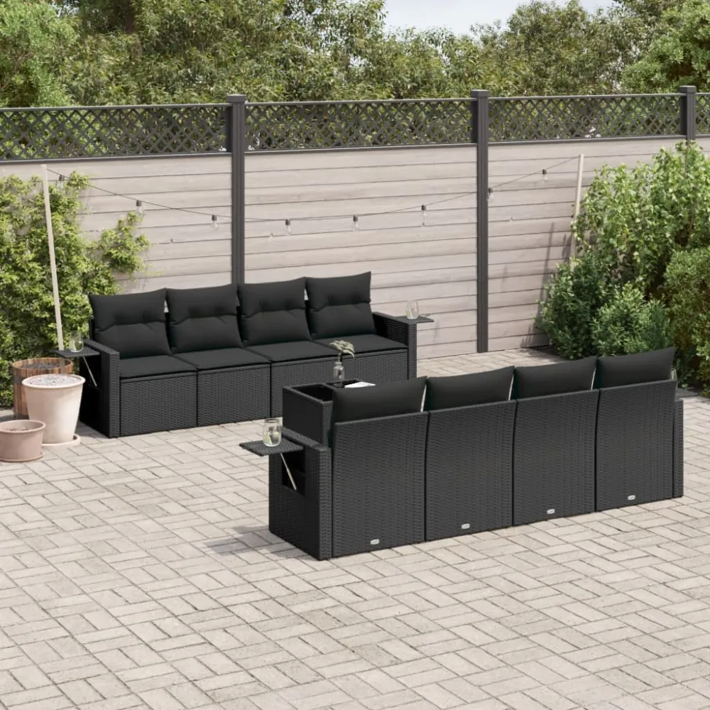 9-delige Loungeset met kussens poly rattan zwart vidaXL