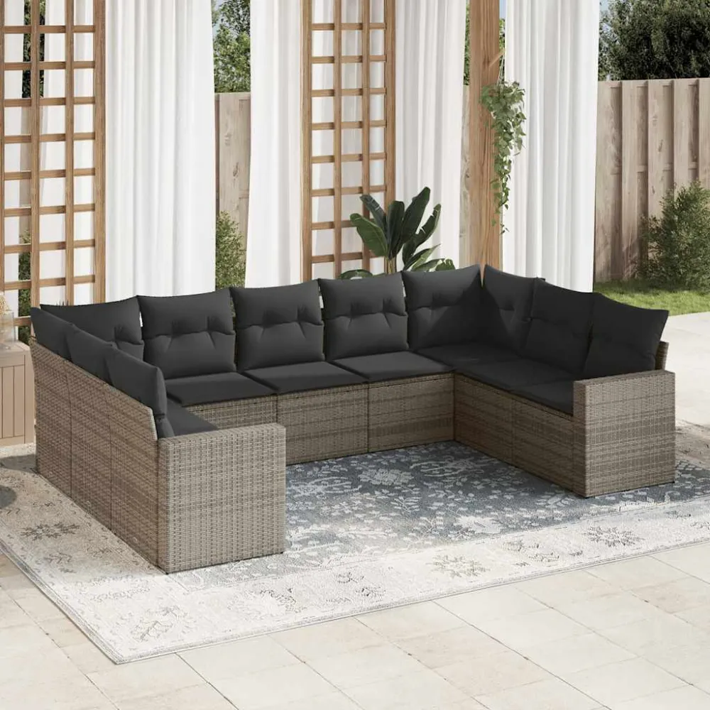 9-delige Loungeset met kussens poly rattan grijs vidaXL