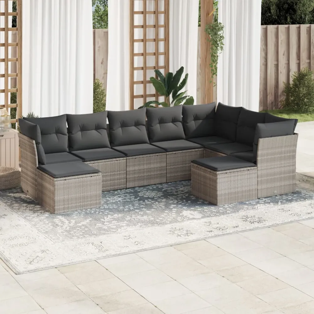 9-delige Loungeset met kussens poly rattan lichtgrijs vidaXL
