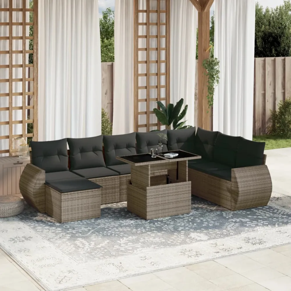9-delige Loungeset met kussens poly rattan grijs vidaXL