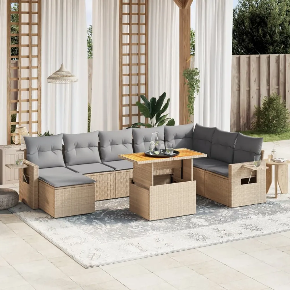 9-delige Loungeset met kussens poly rattan beige vidaXL