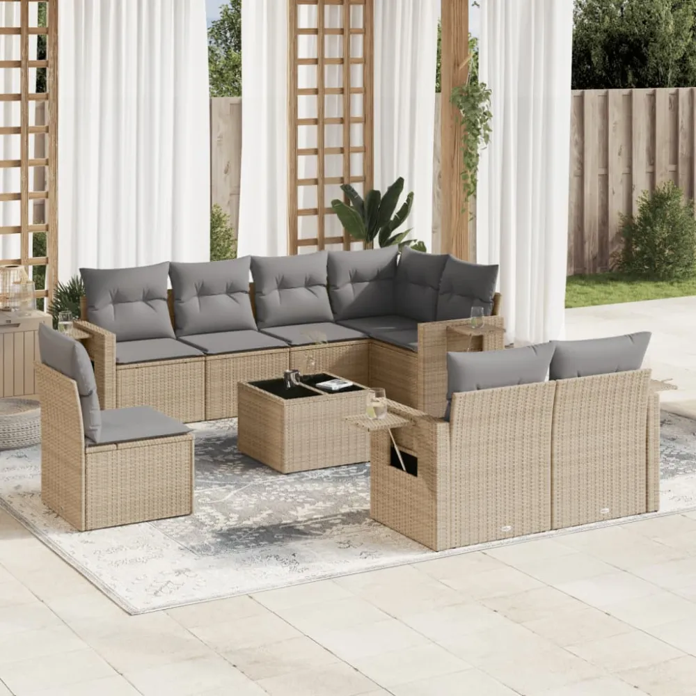 9-delige Loungeset met kussens poly rattan beige vidaXL