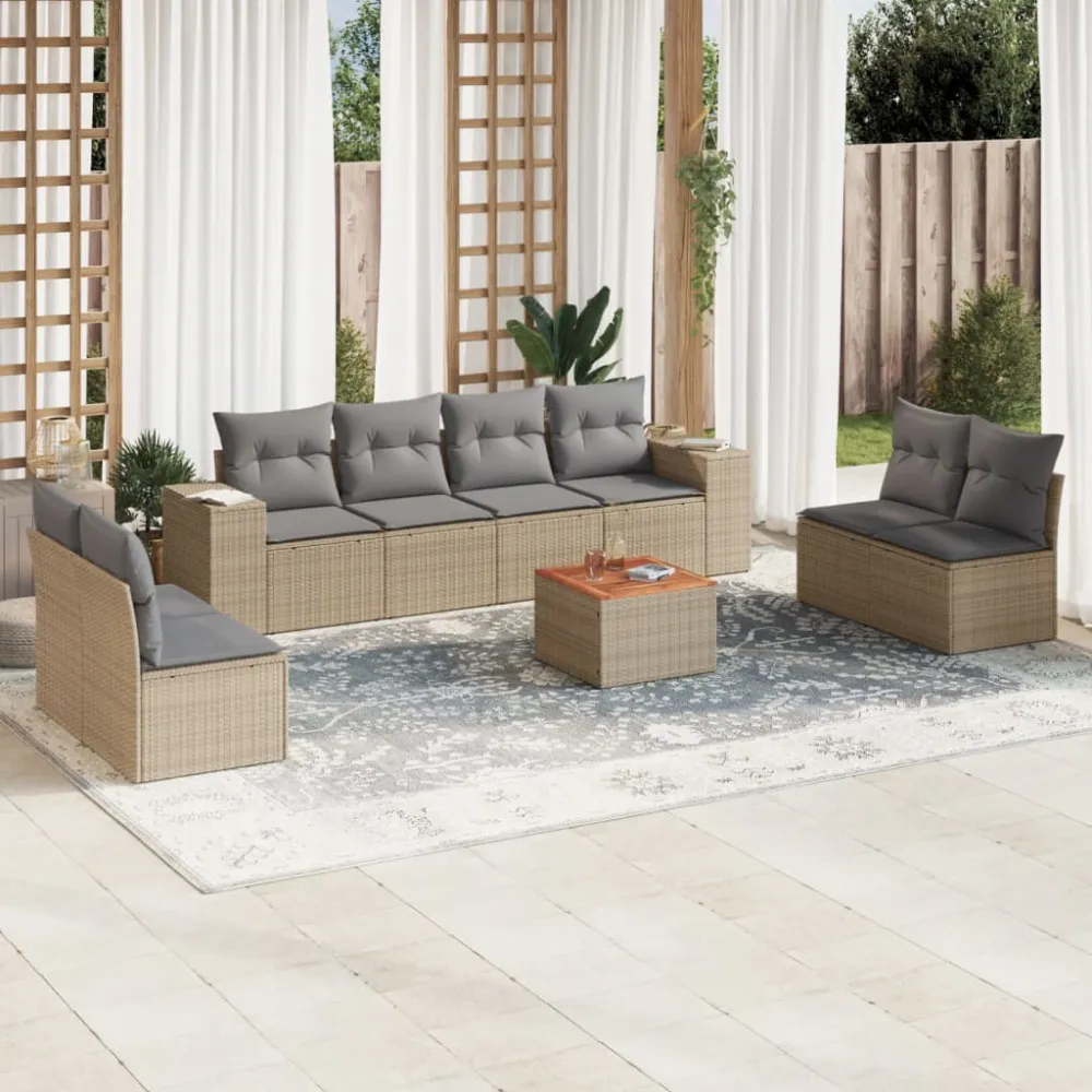 9-delige Loungeset met kussens poly rattan beige vidaXL