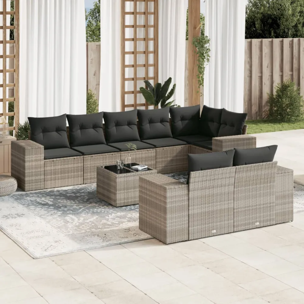 9-delige Loungeset met kussens poly rattan lichtgrijs vidaXL