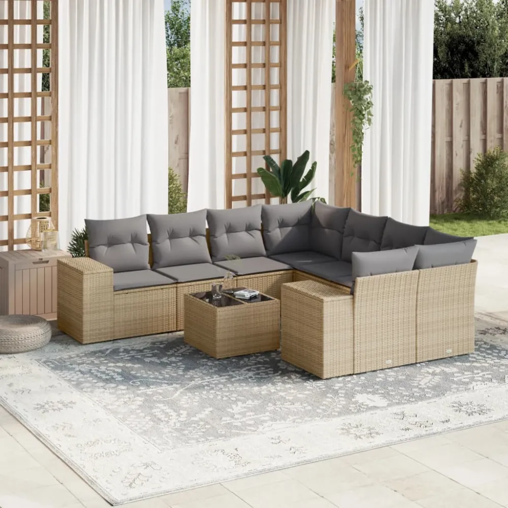 9-delige Loungeset met kussens poly rattan beige vidaXL