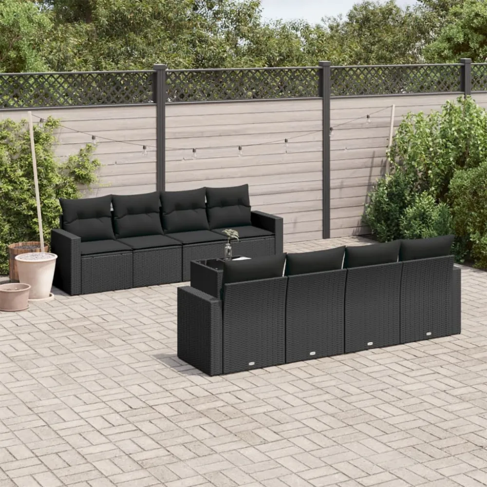 9-delige Loungeset met kussens poly rattan zwart vidaXL