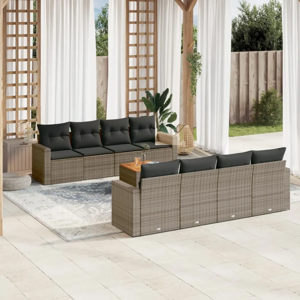 9-delige Loungeset met kussens poly rattan grijs vidaXL