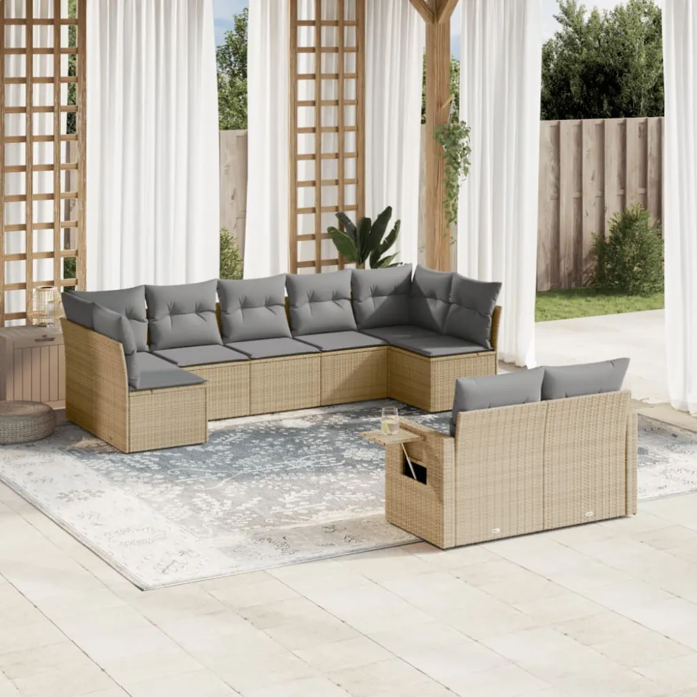 9-delige Loungeset met kussens poly rattan beige vidaXL