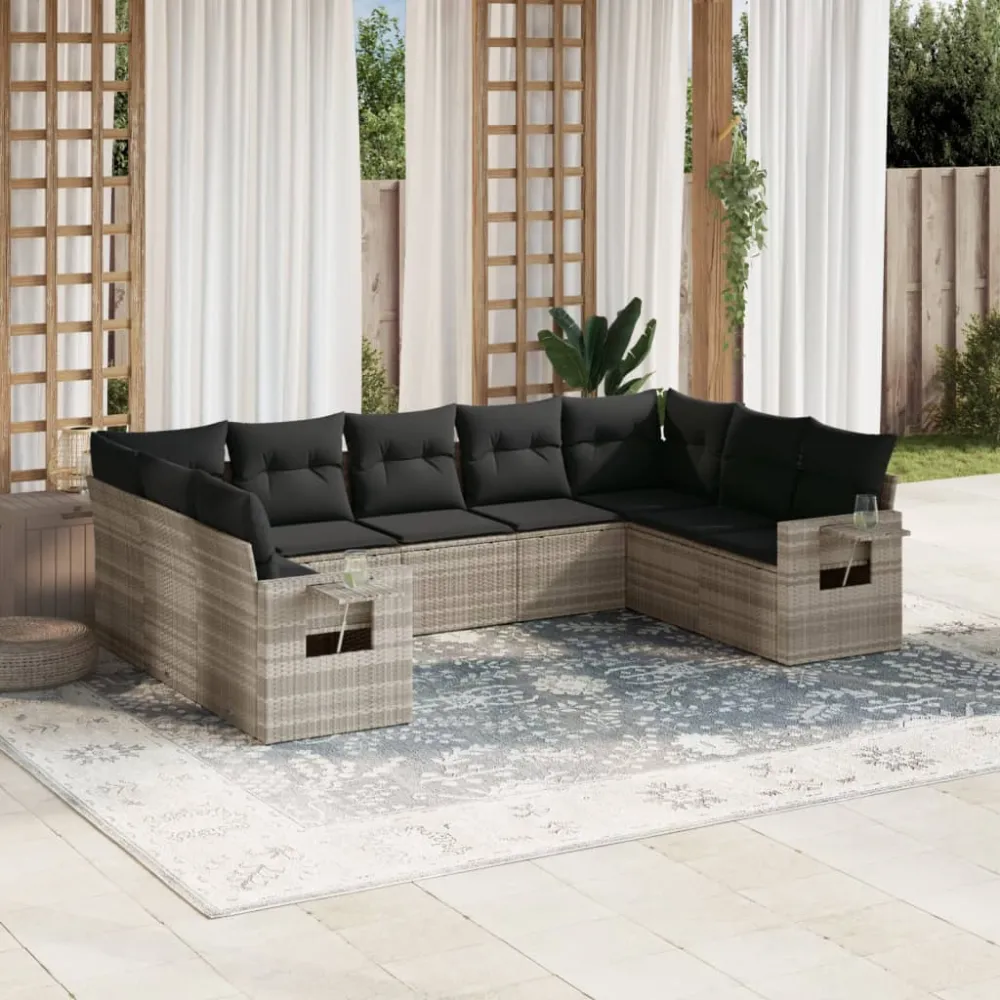 9-delige Loungeset met kussens poly rattan lichtgrijs vidaXL