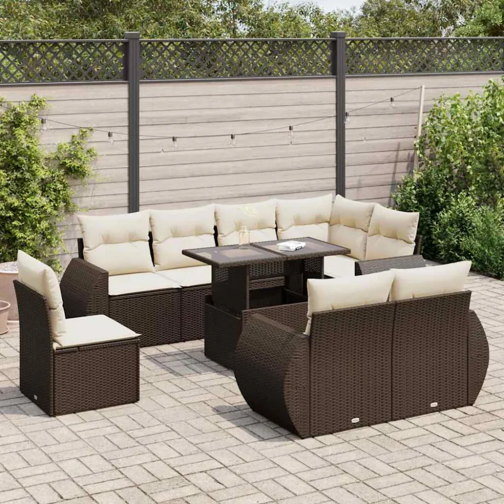9-delige Loungeset met kussens poly rattan bruin vidaXL
