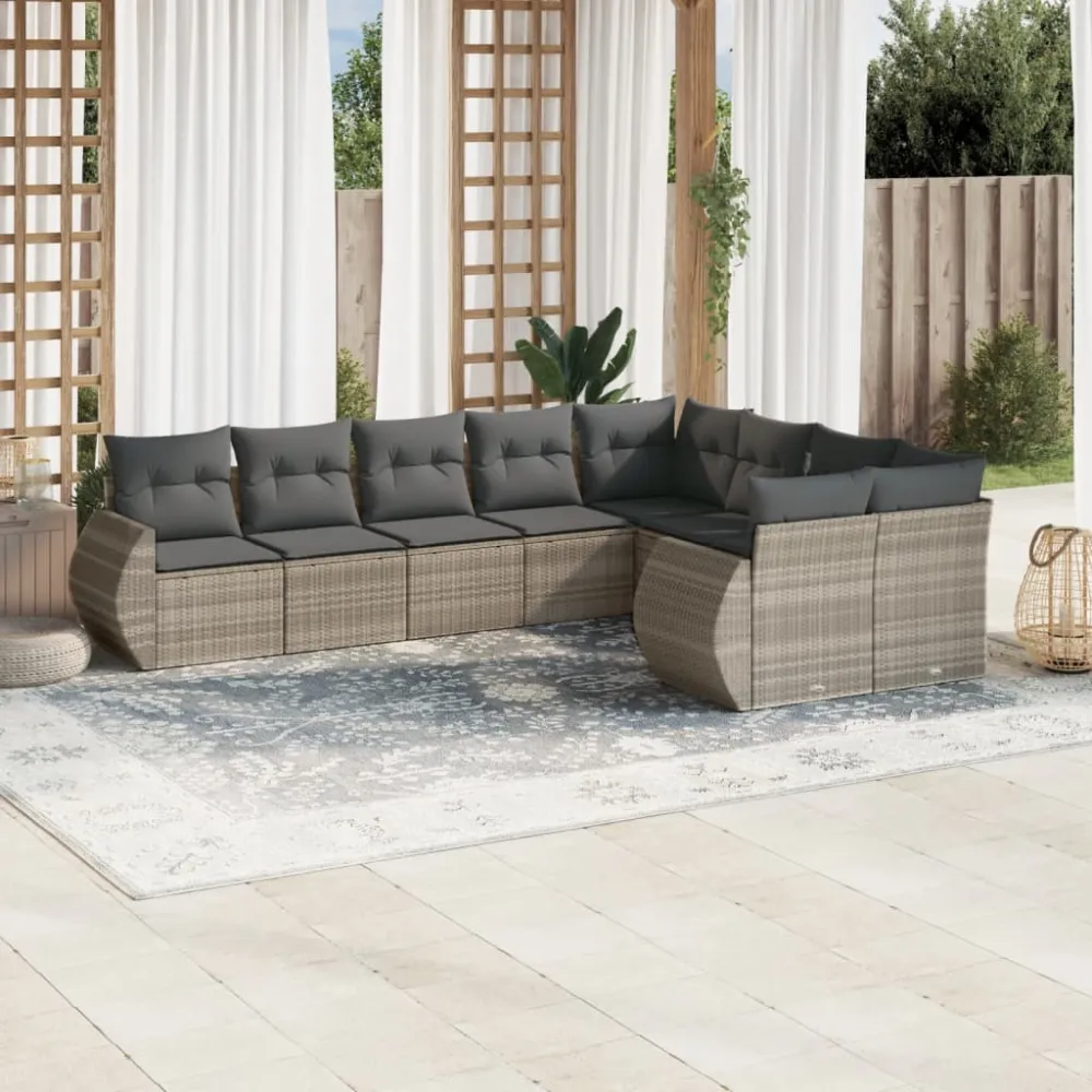 9-delige Loungeset met kussens poly rattan lichtgrijs vidaXL