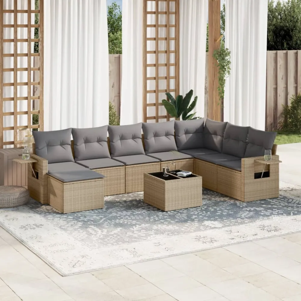 9-delige Loungeset met kussens poly rattan beige vidaXL