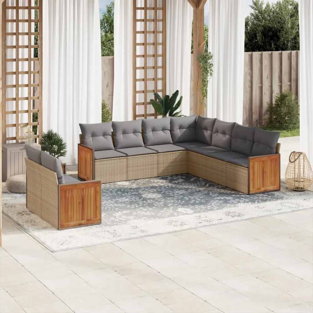 9-delige Loungeset met kussens poly rattan beige vidaXL