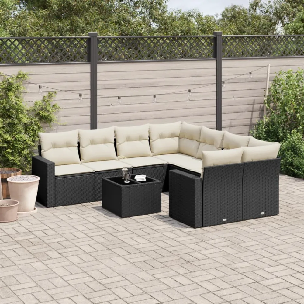 9-delige Loungeset met kussens poly rattan zwart vidaXL