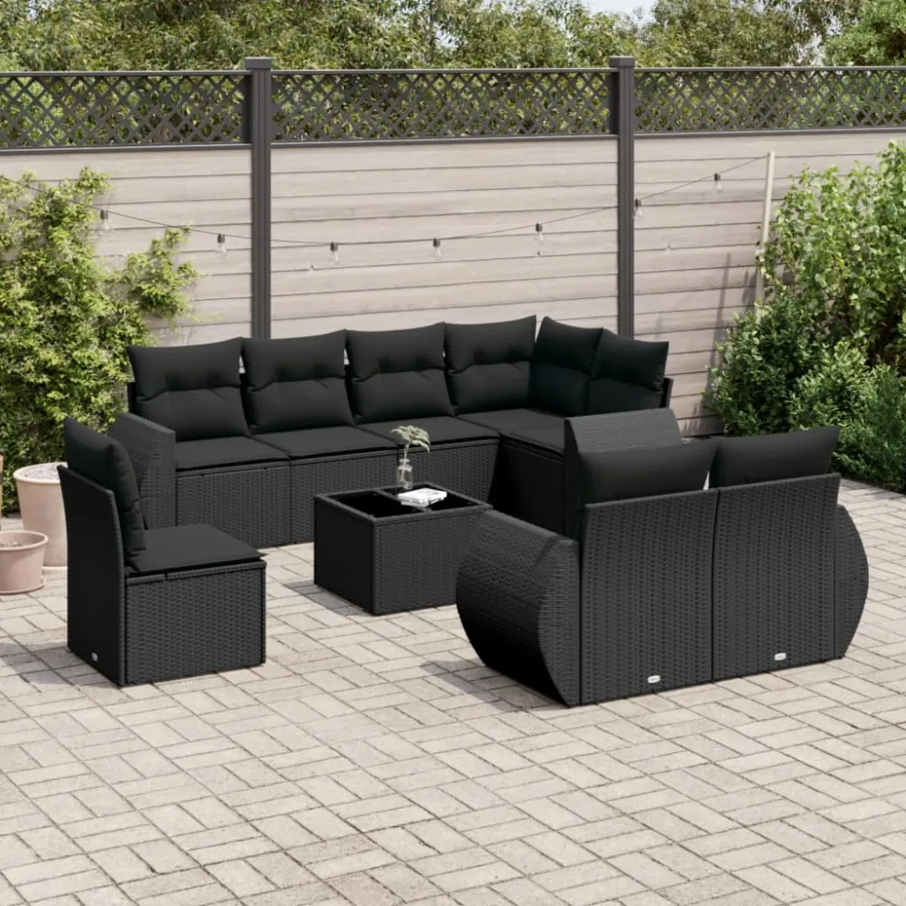 9-delige Loungeset met kussens poly rattan zwart vidaXL