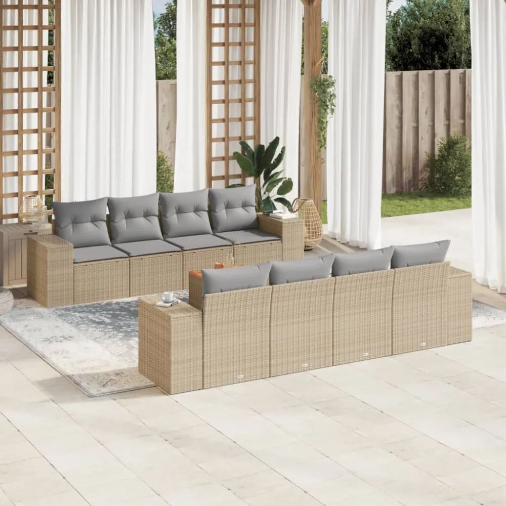 9-delige Loungeset met kussens poly rattan beige vidaXL