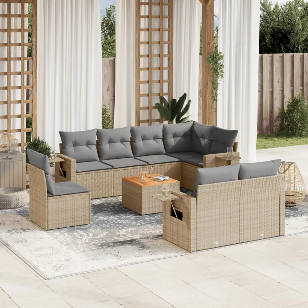 9-delige Loungeset met kussens poly rattan beige vidaXL