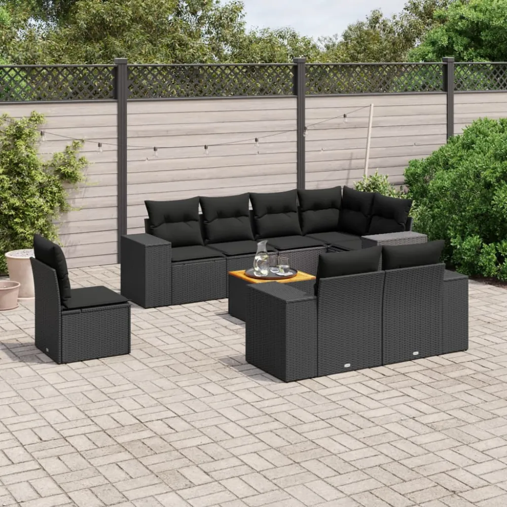9-delige Loungeset met kussens poly rattan zwart vidaXL