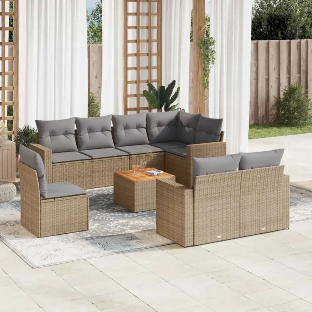 9-delige Loungeset met kussens poly rattan beige vidaXL