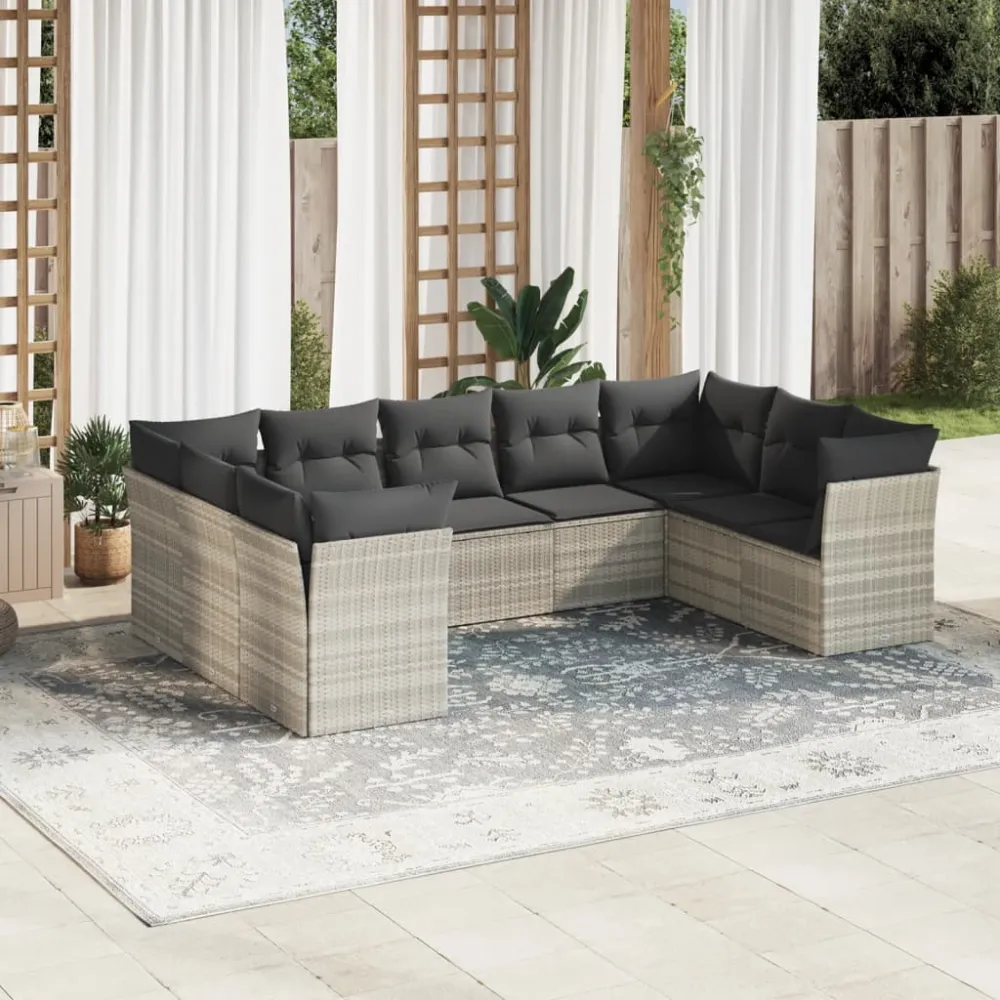 9-delige Loungeset met kussens poly rattan lichtgrijs vidaXL