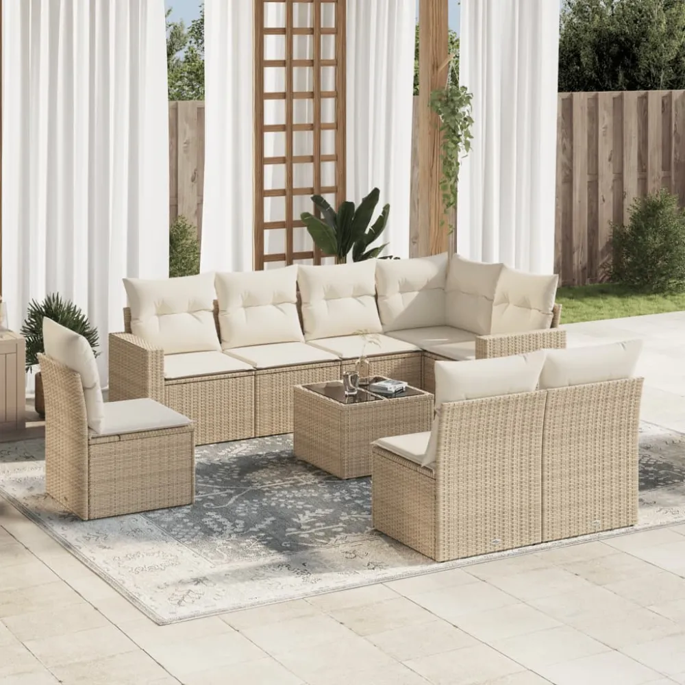 9-delige Loungeset met kussens poly rattan beige vidaXL