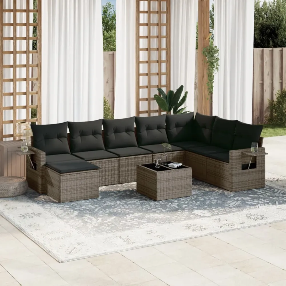 9-delige Loungeset met kussens poly rattan grijs vidaXL
