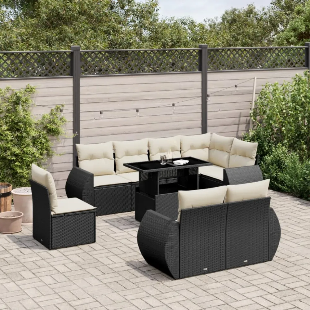 9-delige Loungeset met kussens poly rattan zwart vidaXL