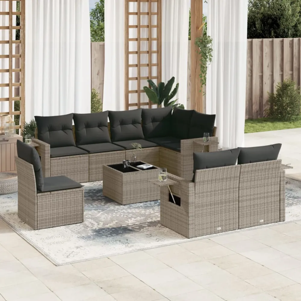 9-delige Loungeset met kussens poly rattan grijs vidaXL