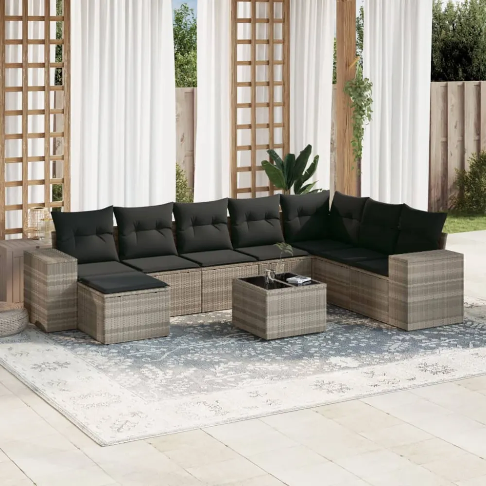9-delige Loungeset met kussens poly rattan lichtgrijs vidaXL