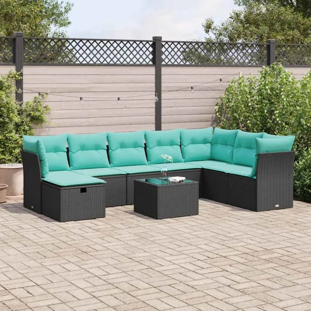 9-delige Loungeset met kussens poly rattan zwart vidaXL