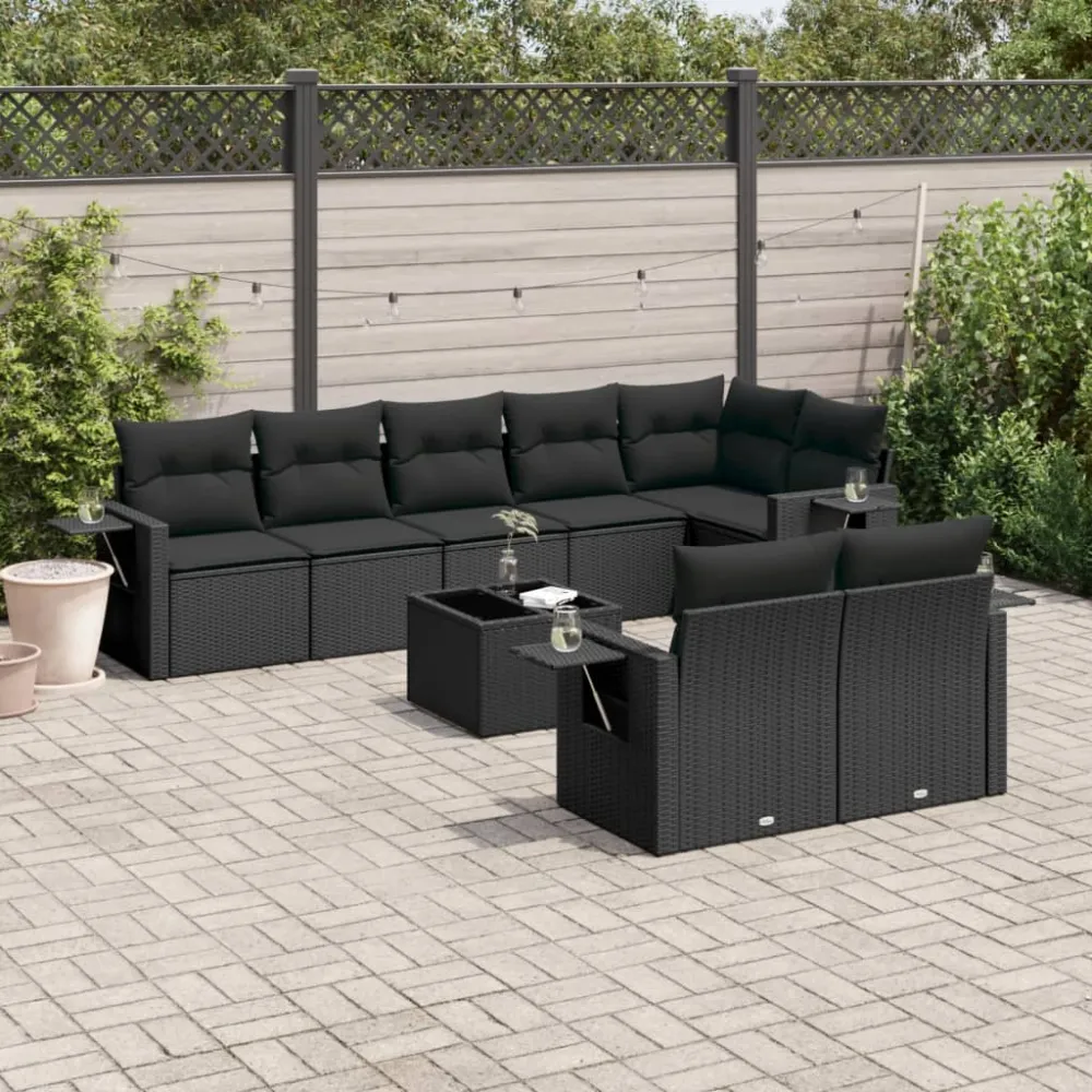 9-delige Loungeset met kussens poly rattan zwart vidaXL