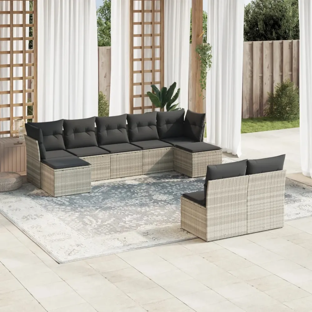 9-delige Loungeset met kussens poly rattan lichtgrijs vidaXL