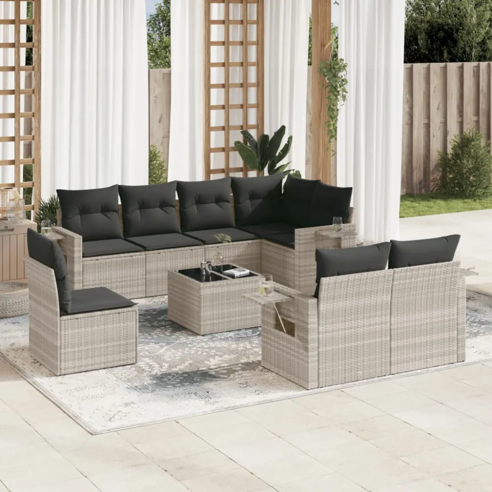 9-delige Loungeset met kussens poly rattan lichtgrijs vidaXL