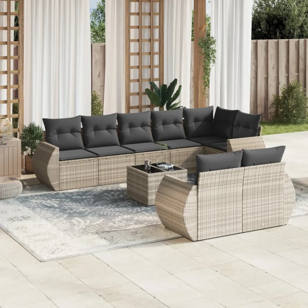9-delige Loungeset met kussens poly rattan lichtgrijs vidaXL