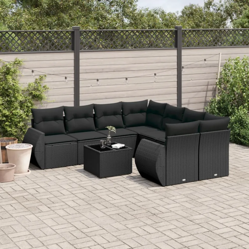 9-delige Loungeset met kussens poly rattan zwart vidaXL