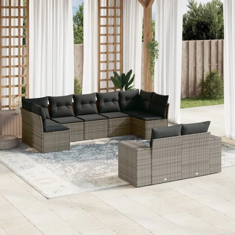 9-delige Loungeset met kussens poly rattan grijs vidaXL