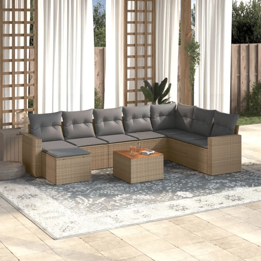 9-delige Loungeset met kussens poly rattan beige vidaXL