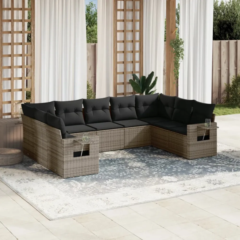 9-delige Loungeset met kussens poly rattan grijs vidaXL