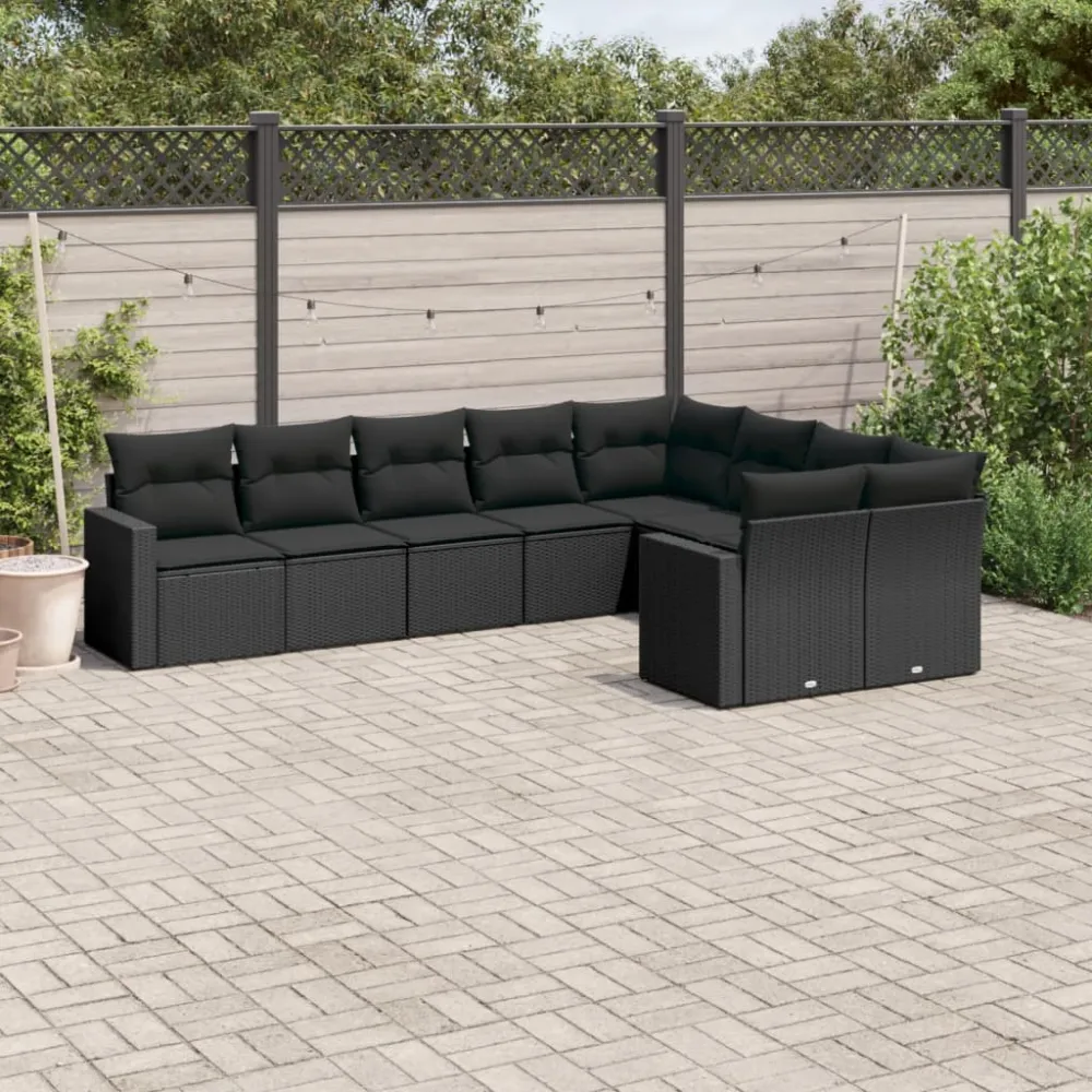9-delige Loungeset met kussens poly rattan zwart vidaXL