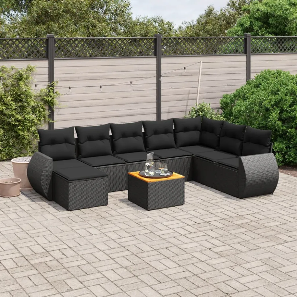 9-delige Loungeset met kussens poly rattan zwart vidaXL